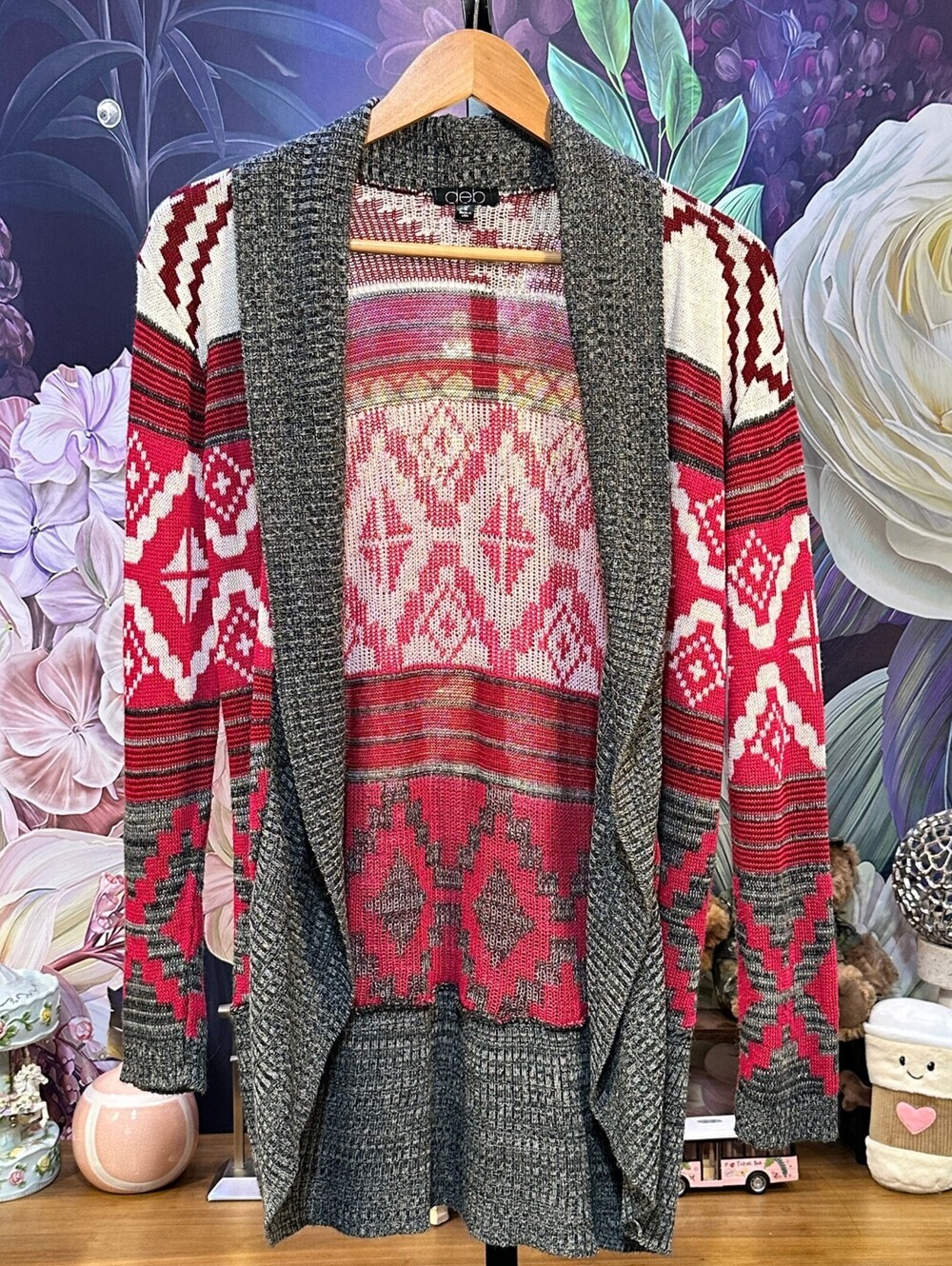 Deb M Open Front Cardigan Made in USA Southwestern Boho Geometric Ribbed Knit